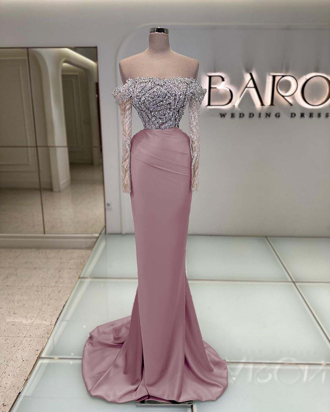 Off the Shoulder Long Sleeve Mermaid Long Prom Dress with Beading
