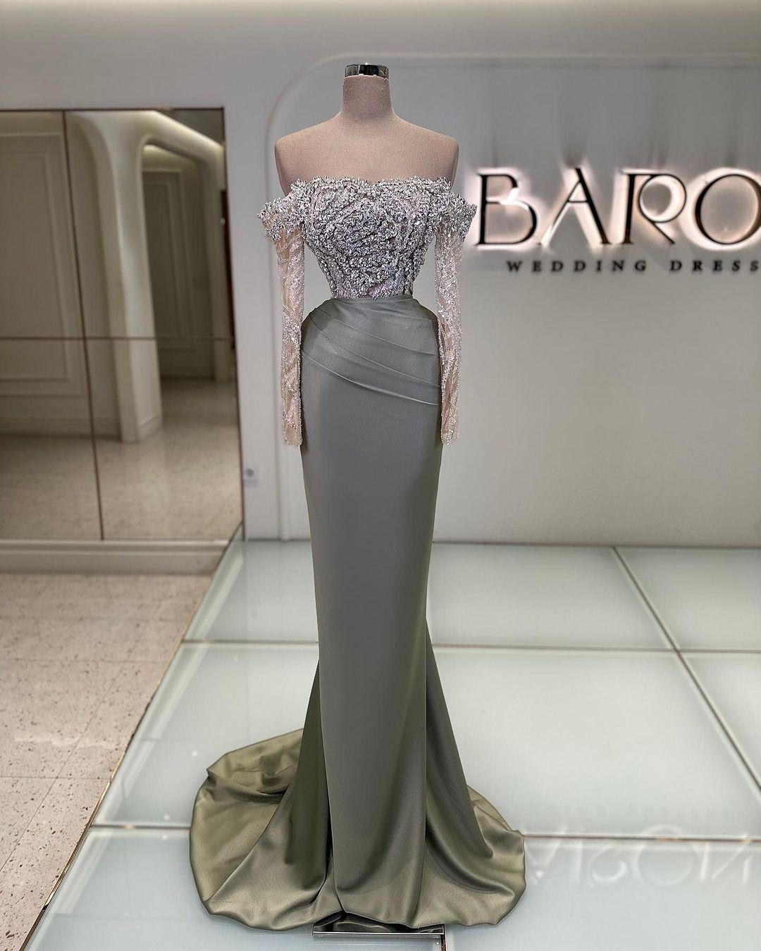 Off the Shoulder Long Sleeve Mermaid Long Prom Dress with Beading