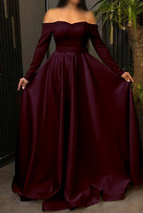Off the Shoulder Long Sleeve Long Prom Dress with Pleated Beading