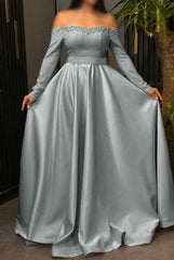 Off the Shoulder Long Sleeve Long Prom Dress with Pleated Beading
