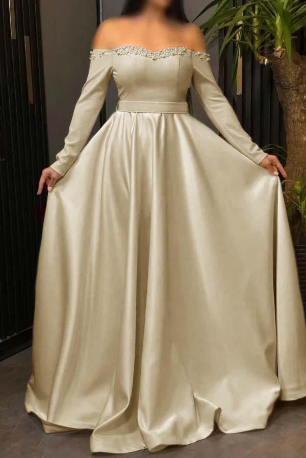 Off the Shoulder Long Sleeve Long Prom Dress with Pleated Beading
