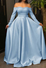 Off the Shoulder Long Sleeve Long Prom Dress with Pleated Beading