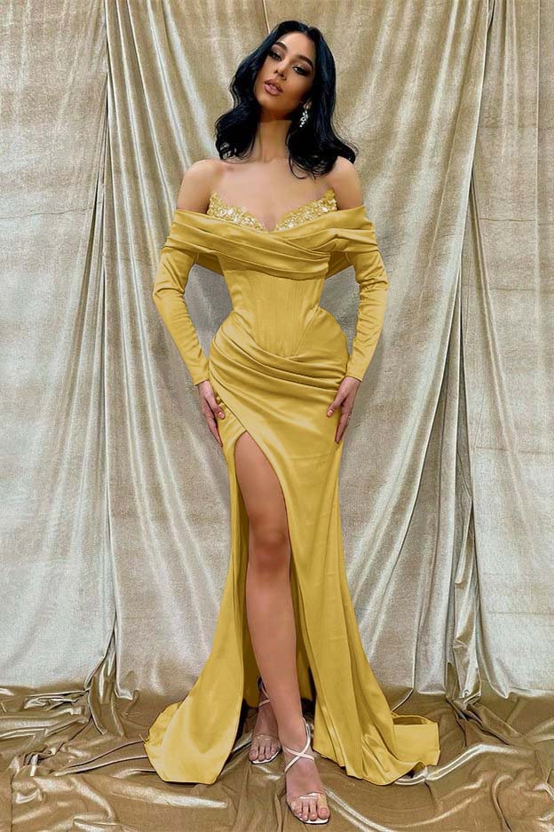 Off the Shoulder Long Sleeve Long Prom Dress with Beading and Split