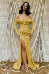 Off the Shoulder Long Sleeve Long Prom Dress with Beading and Split