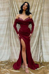 Off the Shoulder Long Sleeve Long Prom Dress with Beading and Split