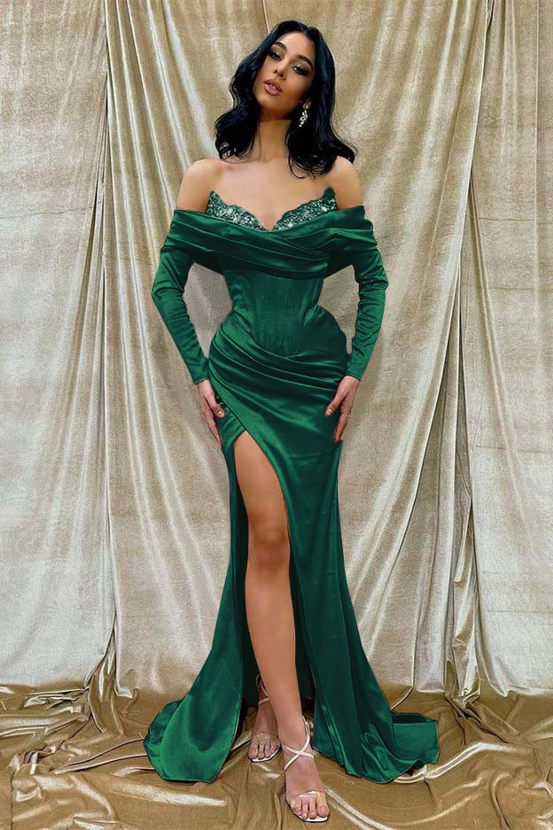 Off the Shoulder Long Sleeve Long Prom Dress with Beading and Split