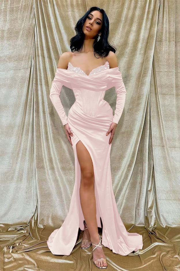 Off the Shoulder Long Sleeve Long Prom Dress with Beading and Split