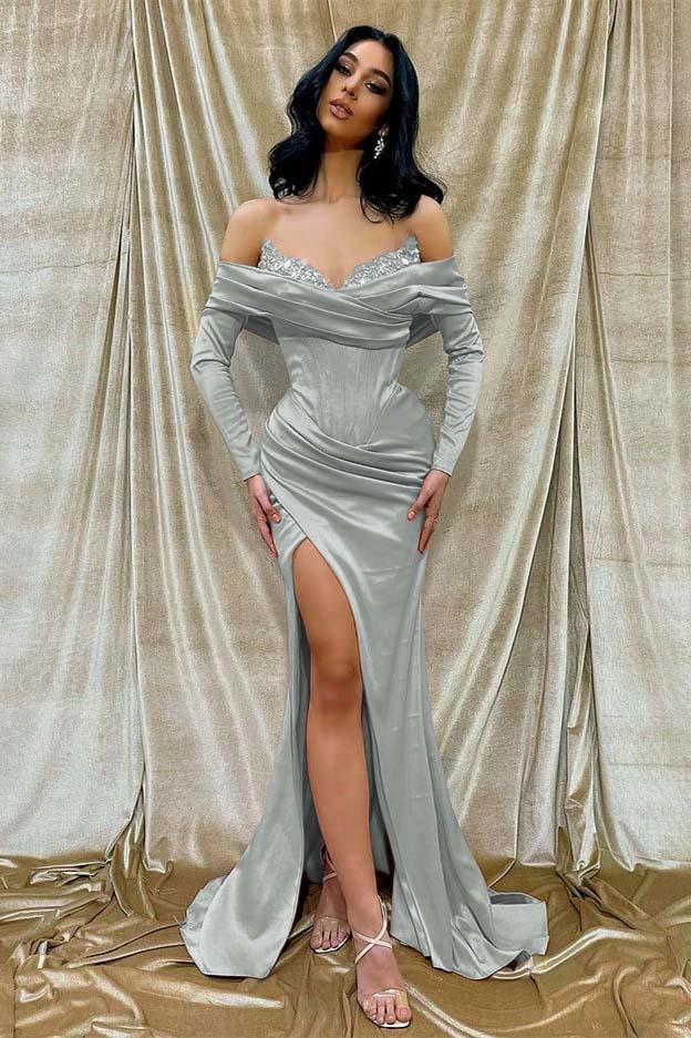 Off the Shoulder Long Sleeve Long Prom Dress with Beading and Split