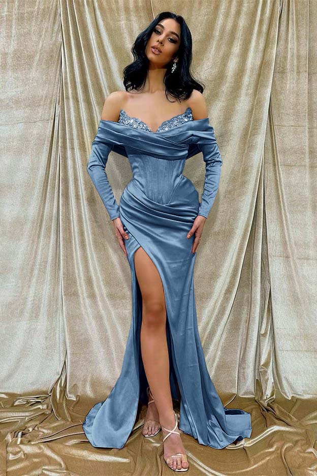 Off the Shoulder Long Sleeve Long Prom Dress with Beading and Split