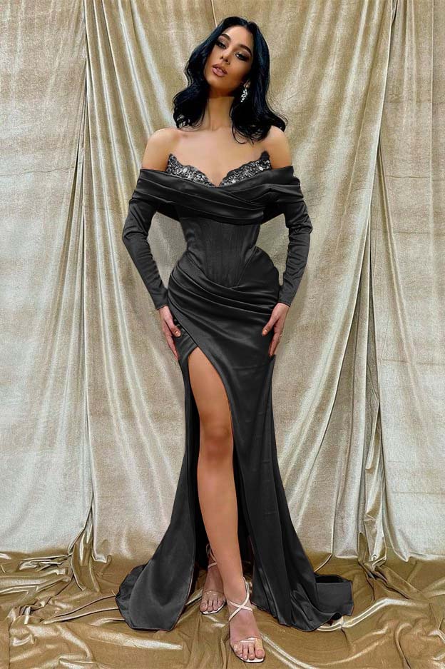 Off the Shoulder Long Sleeve Long Prom Dress with Beading and Split