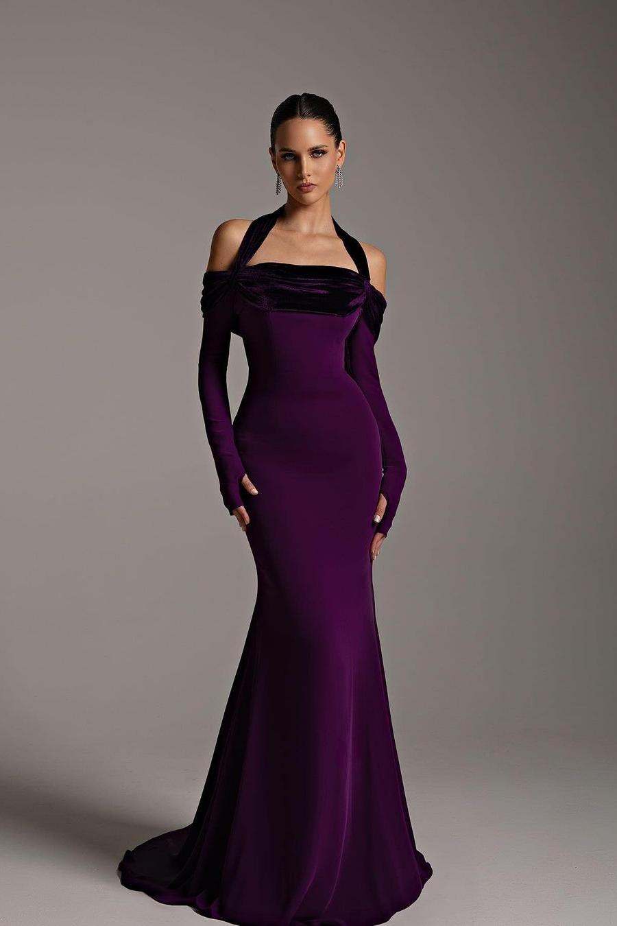 Off the Shoulder Long Sleeve Mermaid Long Prom Dress with Pleated