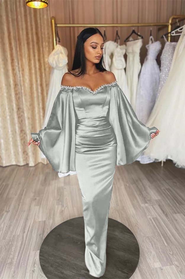 Off the Shoulder Long Sleeve Long Prom Dress with Beading and Pleated