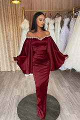 Off the Shoulder Long Sleeve Long Prom Dress with Beading and Pleated
