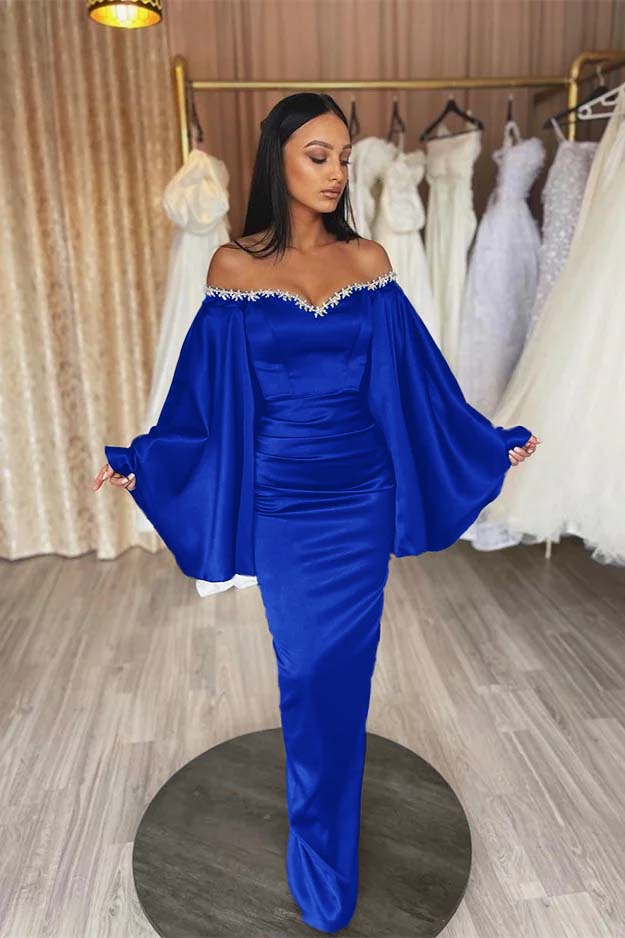 Off the Shoulder Long Sleeve Long Prom Dress with Beading and Pleated