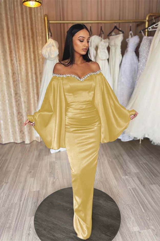 Off the Shoulder Long Sleeve Long Prom Dress with Beading and Pleated