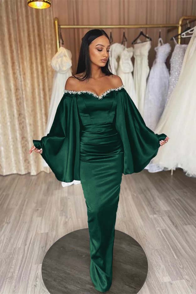 Off the Shoulder Long Sleeve Long Prom Dress with Beading and Pleated