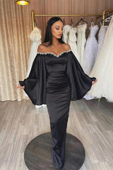 Off the Shoulder Long Sleeve Long Prom Dress with Beading and Pleated