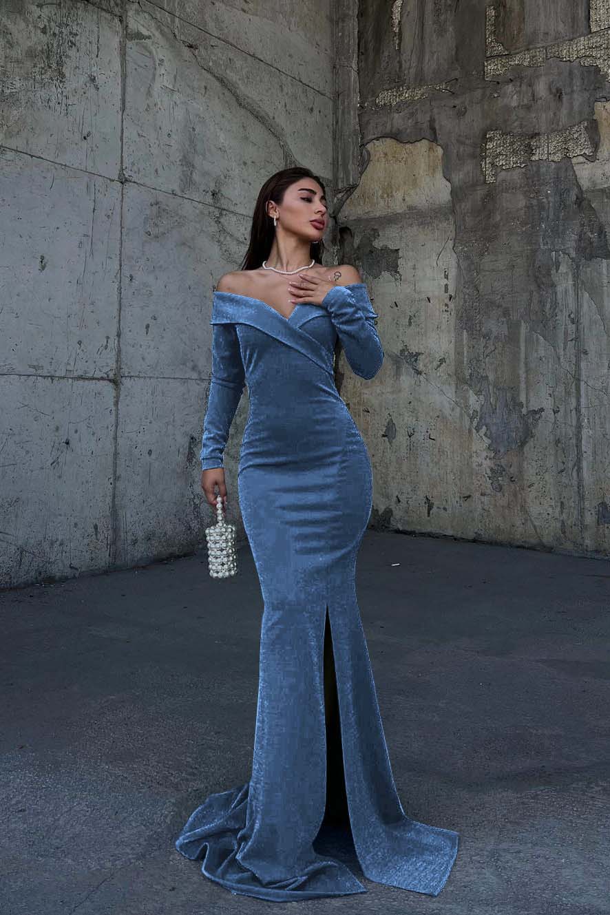 Off the Shoulder Long Sleeve Long Prom Dress with Split and Pleated