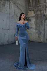 Off the Shoulder Long Sleeve Long Prom Dress with Split and Pleated