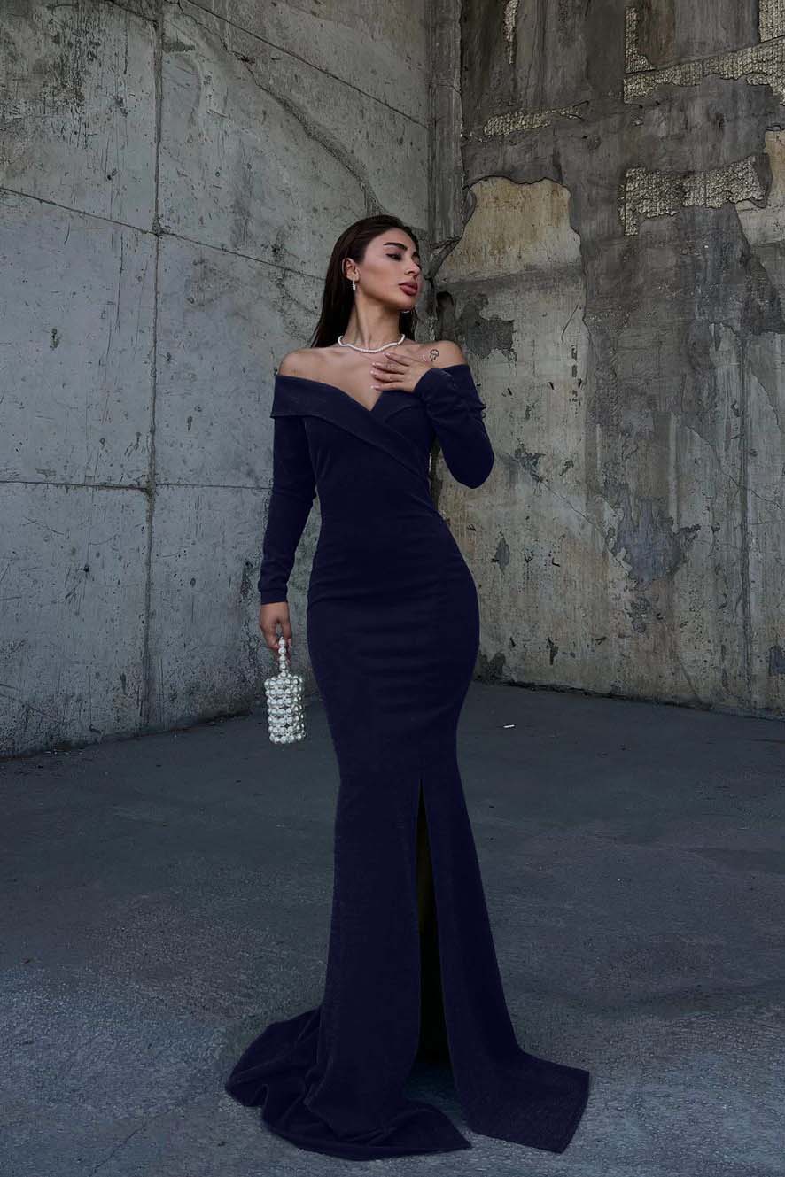 Off the Shoulder Long Sleeve Long Prom Dress with Split and Pleated