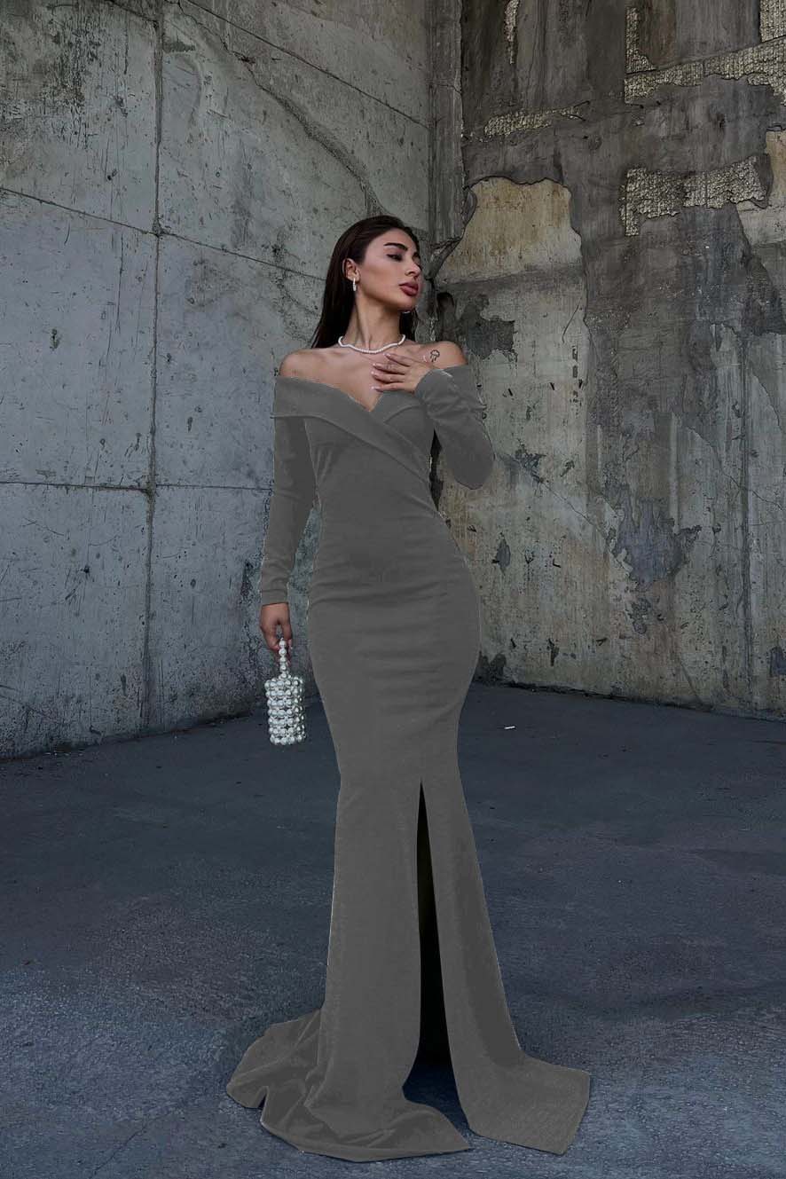 Off the Shoulder Long Sleeve Long Prom Dress with Split and Pleated