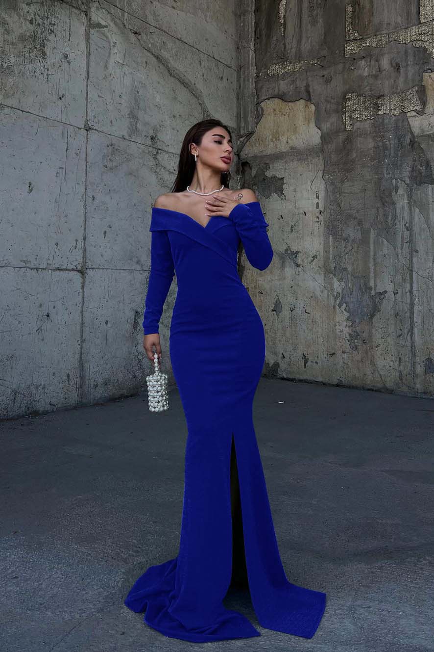 Off the Shoulder Long Sleeve Long Prom Dress with Split and Pleated
