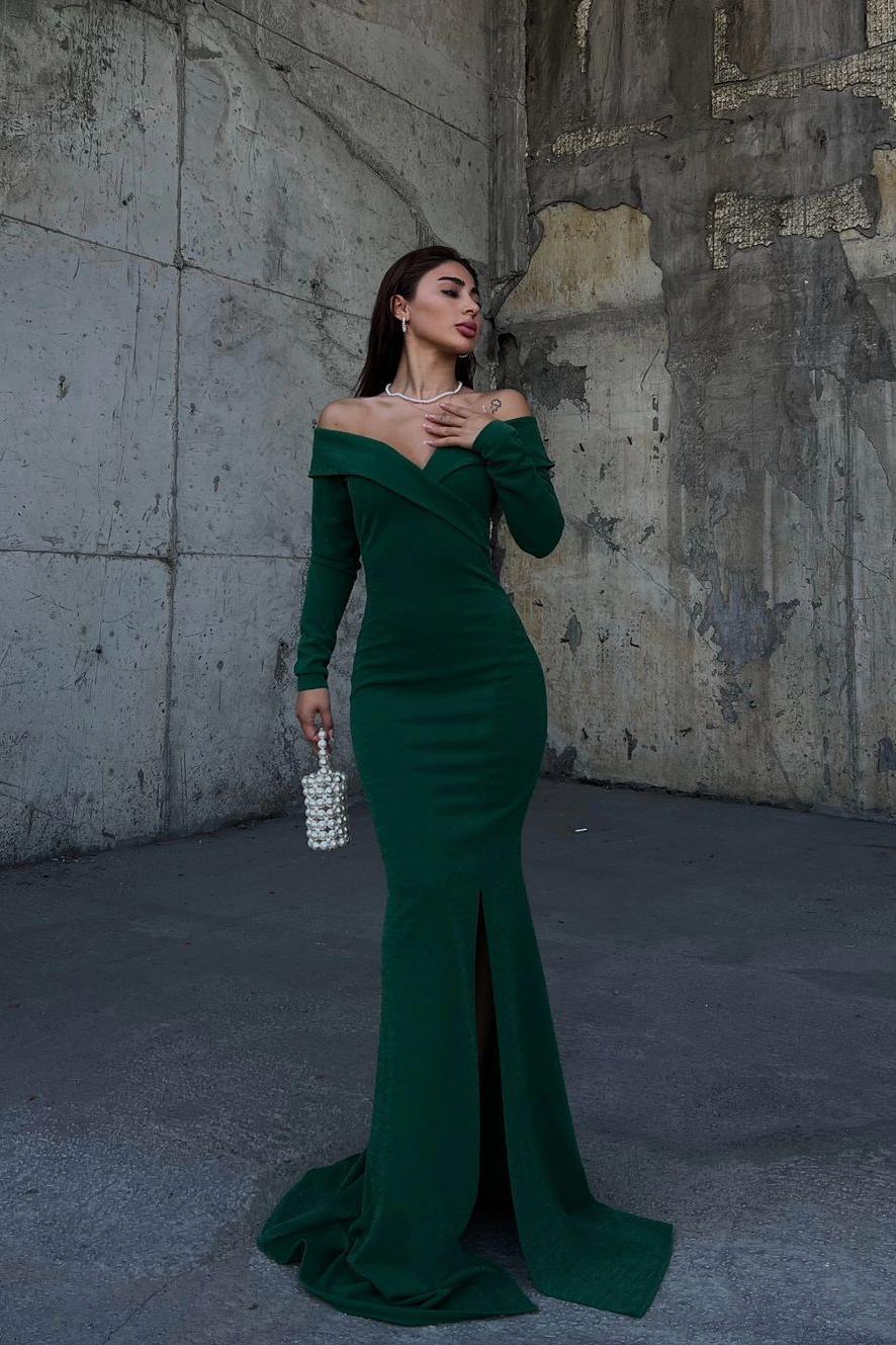 Off the Shoulder Long Sleeve Long Prom Dress with Split and Pleated