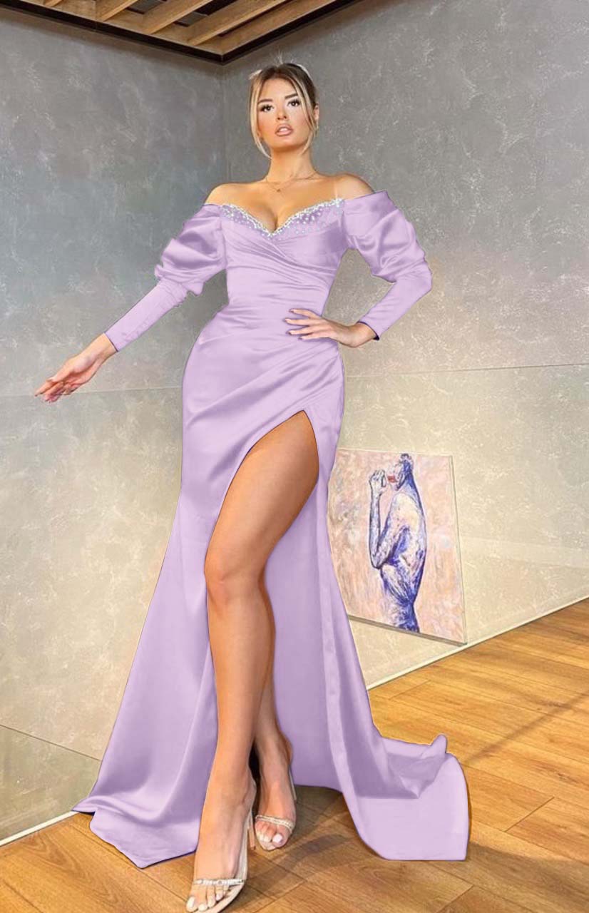 Royal Blue Off the Shoulder Long Sleeve Mermaid Long Prom Dress with Beading