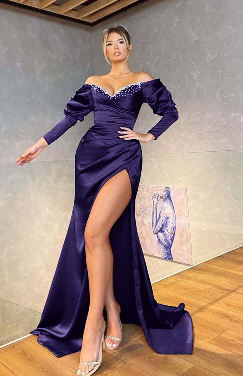 Royal Blue Off the Shoulder Long Sleeve Mermaid Long Prom Dress with Beading