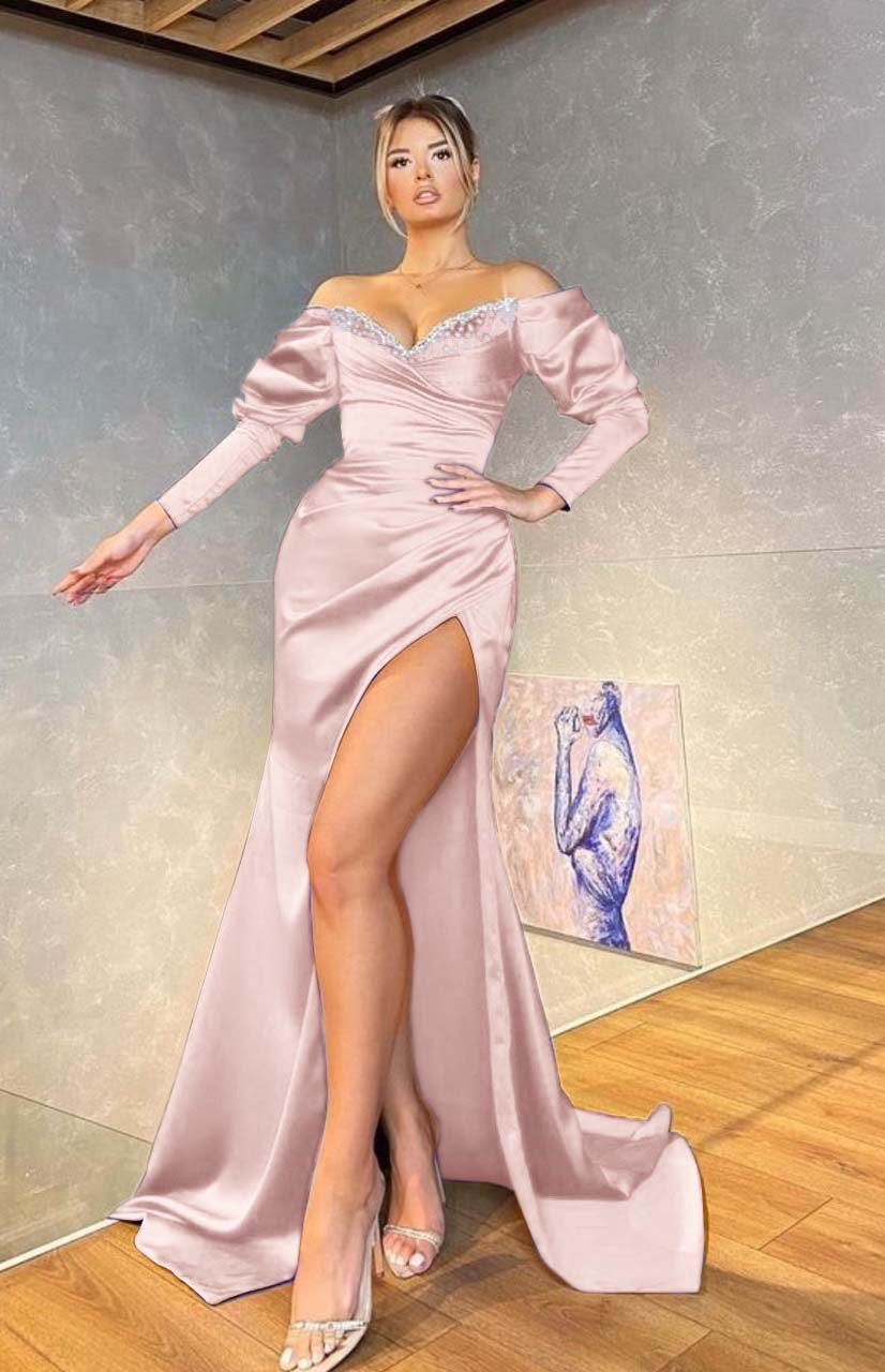 Royal Blue Off the Shoulder Long Sleeve Mermaid Long Prom Dress with Beading