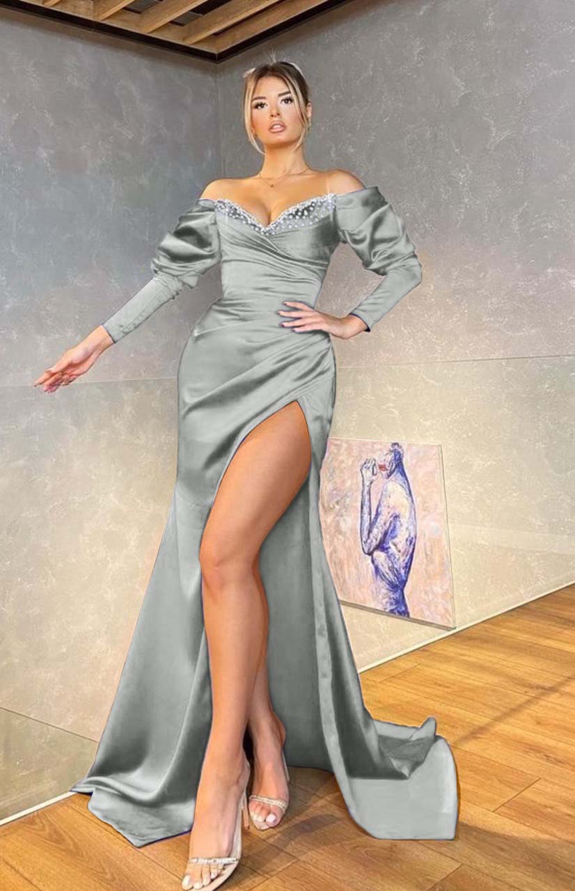 Royal Blue Off the Shoulder Long Sleeve Mermaid Long Prom Dress with Beading