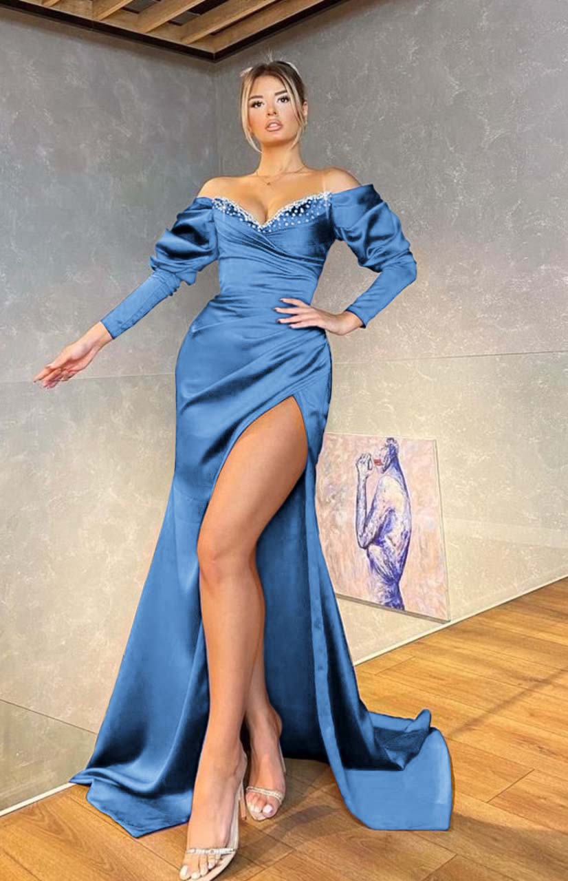 Royal Blue Off the Shoulder Long Sleeve Mermaid Long Prom Dress with Beading