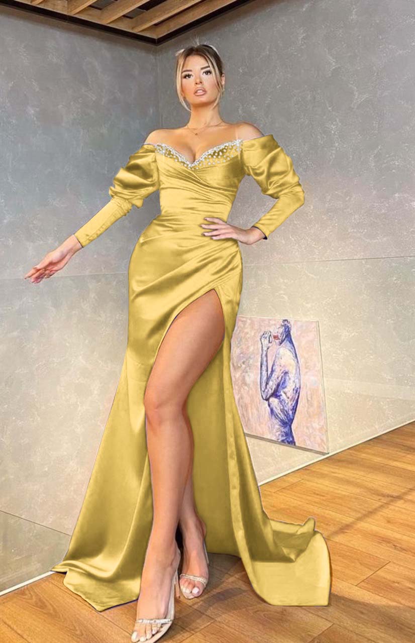 Royal Blue Off the Shoulder Long Sleeve Mermaid Long Prom Dress with Beading