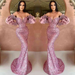 Off-The-Shoulder Mermaid Sweetheart Long Sleeves Evening Dress with Sequins