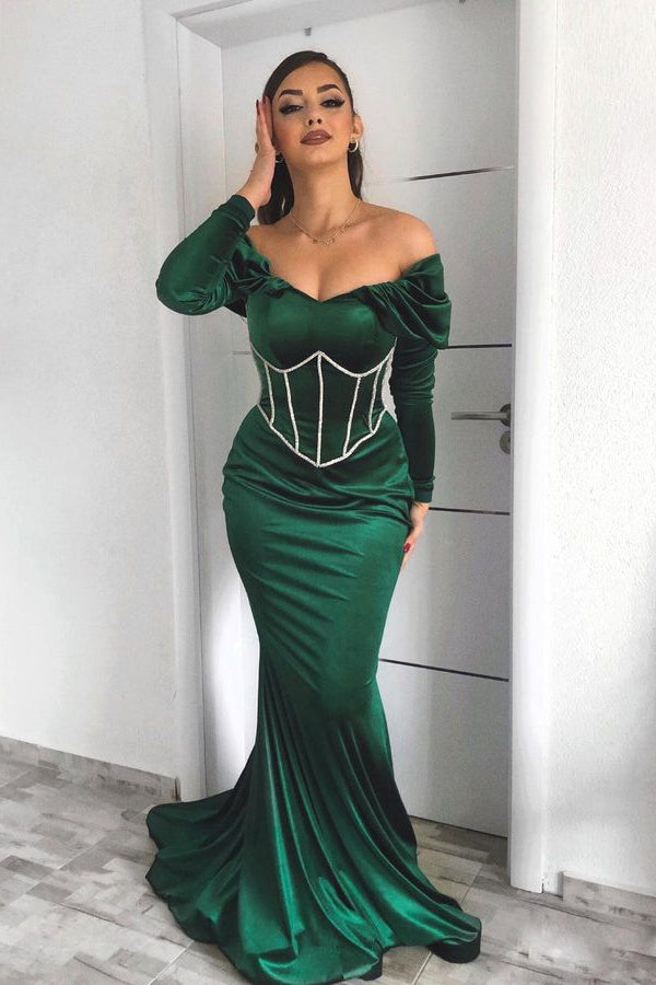 Dark Green Off the Shoulder Long Sleeve Mermaid Long Prom Dress