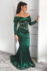 Dark Green Off the Shoulder Long Sleeve Mermaid Long Prom Dress