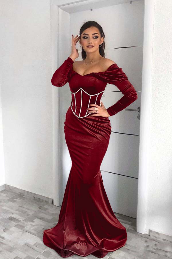 Dark Green Off the Shoulder Long Sleeve Mermaid Long Prom Dress