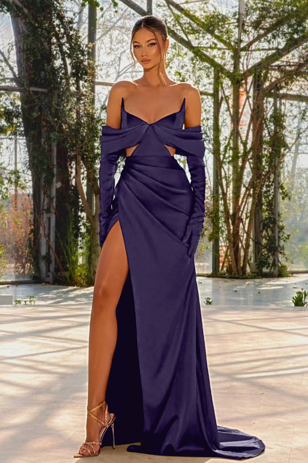 Red Off the Shoulder Prom Dress with Split, Pleated and Gloves