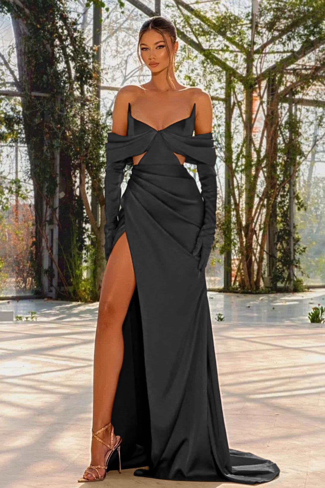 Red Off the Shoulder Prom Dress with Split, Pleated and Gloves