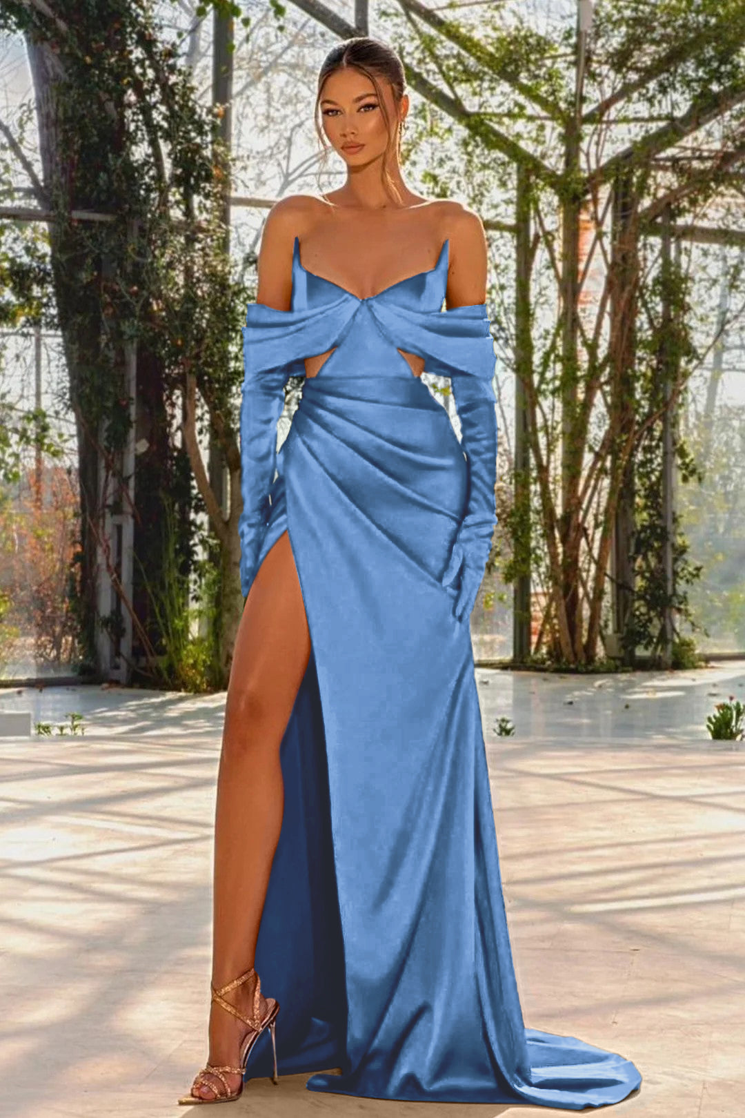 Red Off the Shoulder Prom Dress with Split, Pleated and Gloves