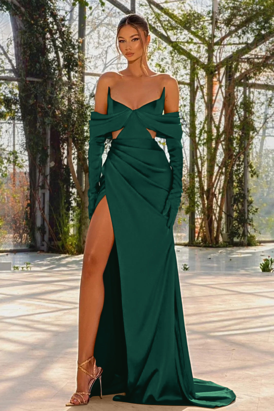 Red Off the Shoulder Prom Dress with Split, Pleated and Gloves