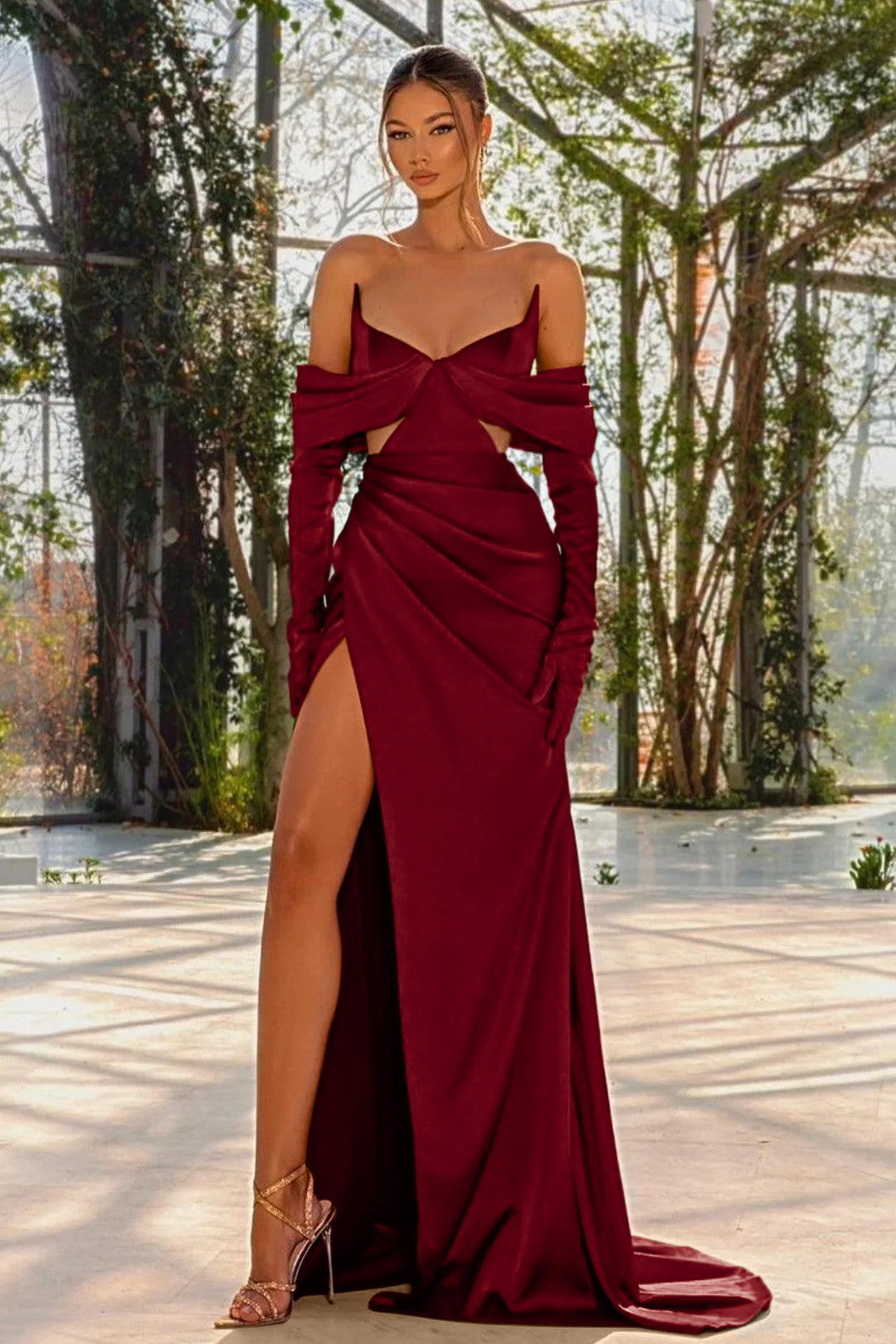 Red Off the Shoulder Prom Dress with Split, Pleated and Gloves