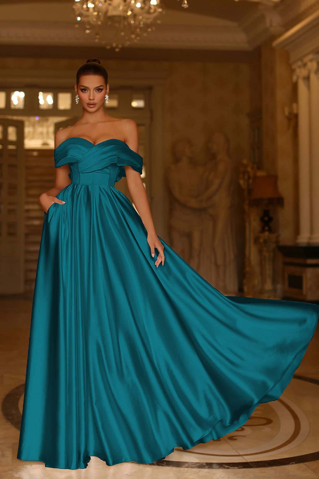 Off the Shoulder A-Line Satin Prom Dress with Pockets