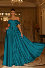 Off the Shoulder A-Line Satin Prom Dress with Pockets
