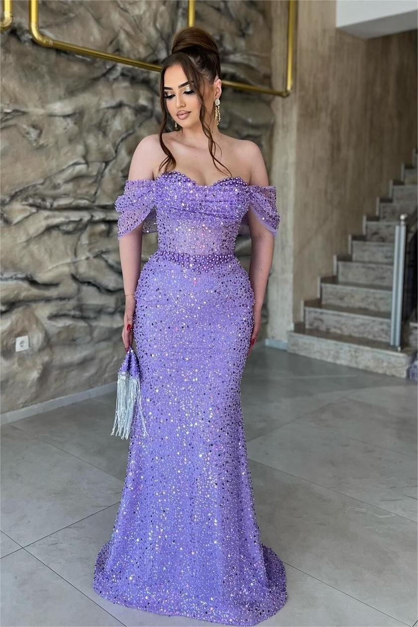 Off the Shoulder Sweetheart Mermaid Long Prom Dress with Sequins and Beading