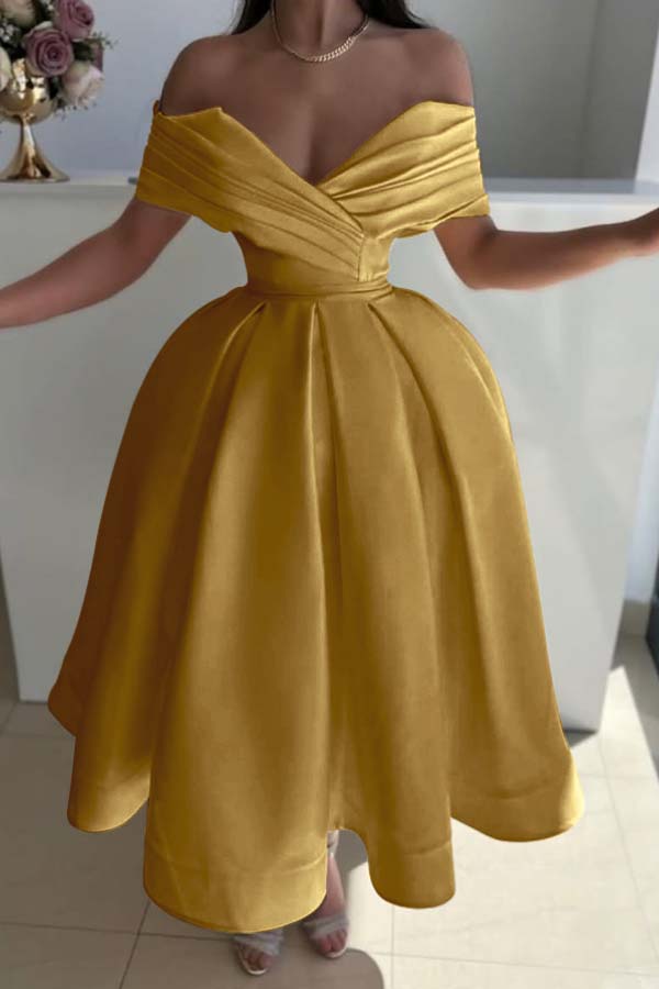 Off the Shoulder A-Line Prom Dress with Pleated