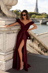 Off the Shoulder Mermaid Long Pleated Prom Dress with Split