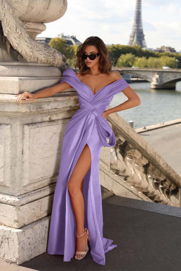 Off the Shoulder Mermaid Long Pleated Prom Dress with Split