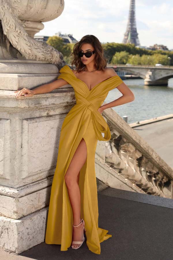 Off the Shoulder Mermaid Long Pleated Prom Dress with Split