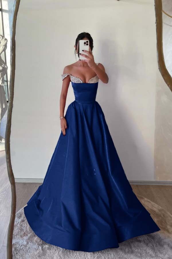 Off the Shoulder Long Pleated Prom Dress with Beading